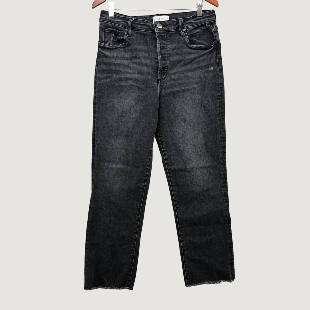 Evereve The Ever‎ Straight Jeans Womens 31 12 Black High Rise Raw Hem KP1021MA2E